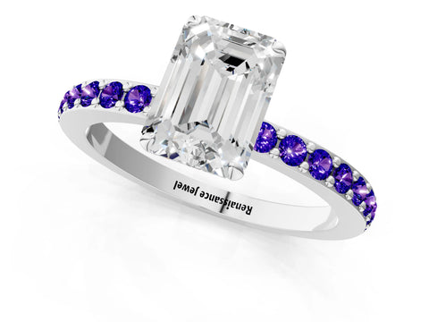 White gold Emerald Cut Diamond Pavé Engagement Ring with Round with Tanzanite side stone Accents and Prong Setting_1