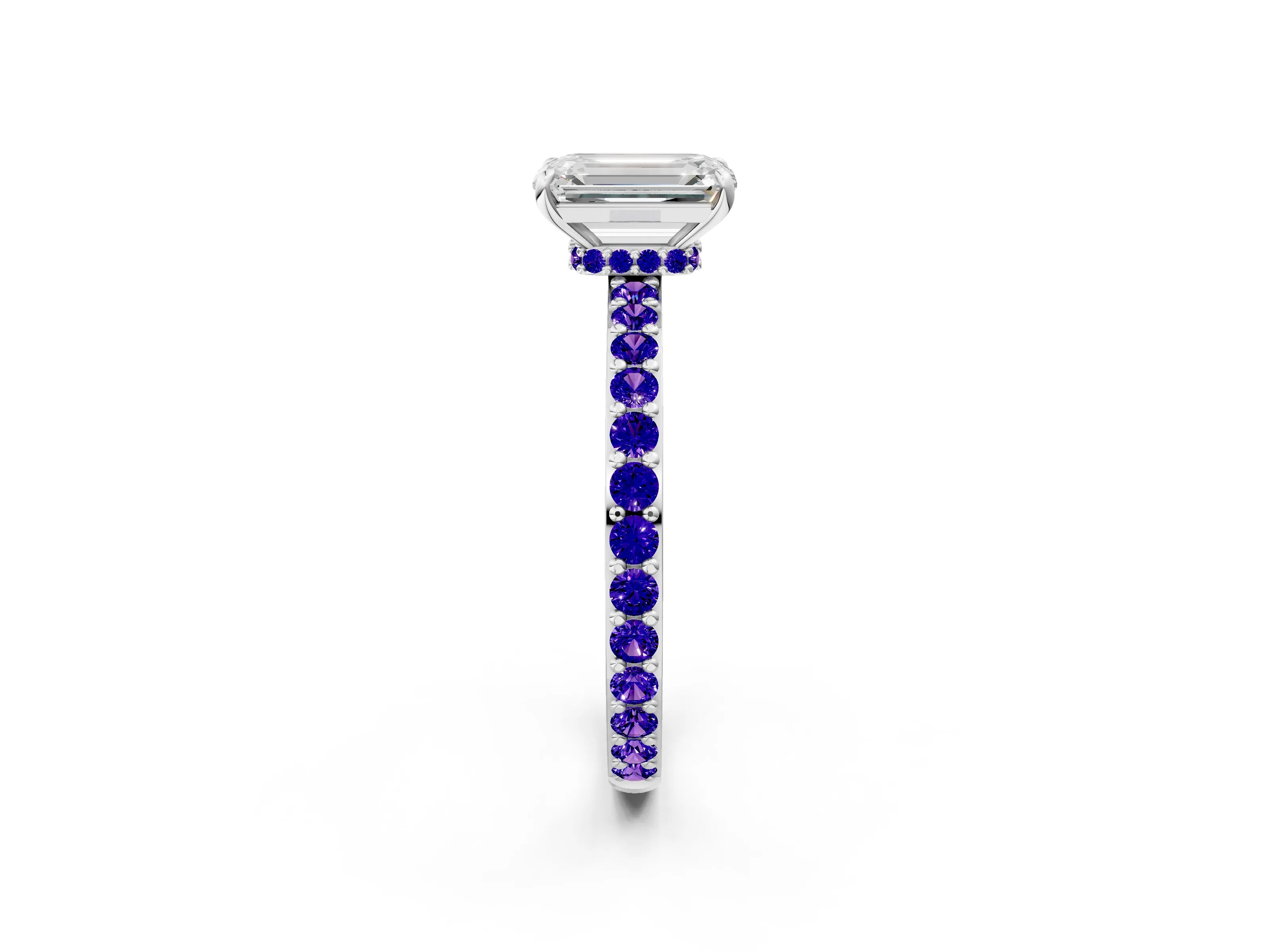 White gold Emerald Cut Diamond Pavé Engagement Ring with Round with Tanzanite side stone Accents and Prong Setting_20