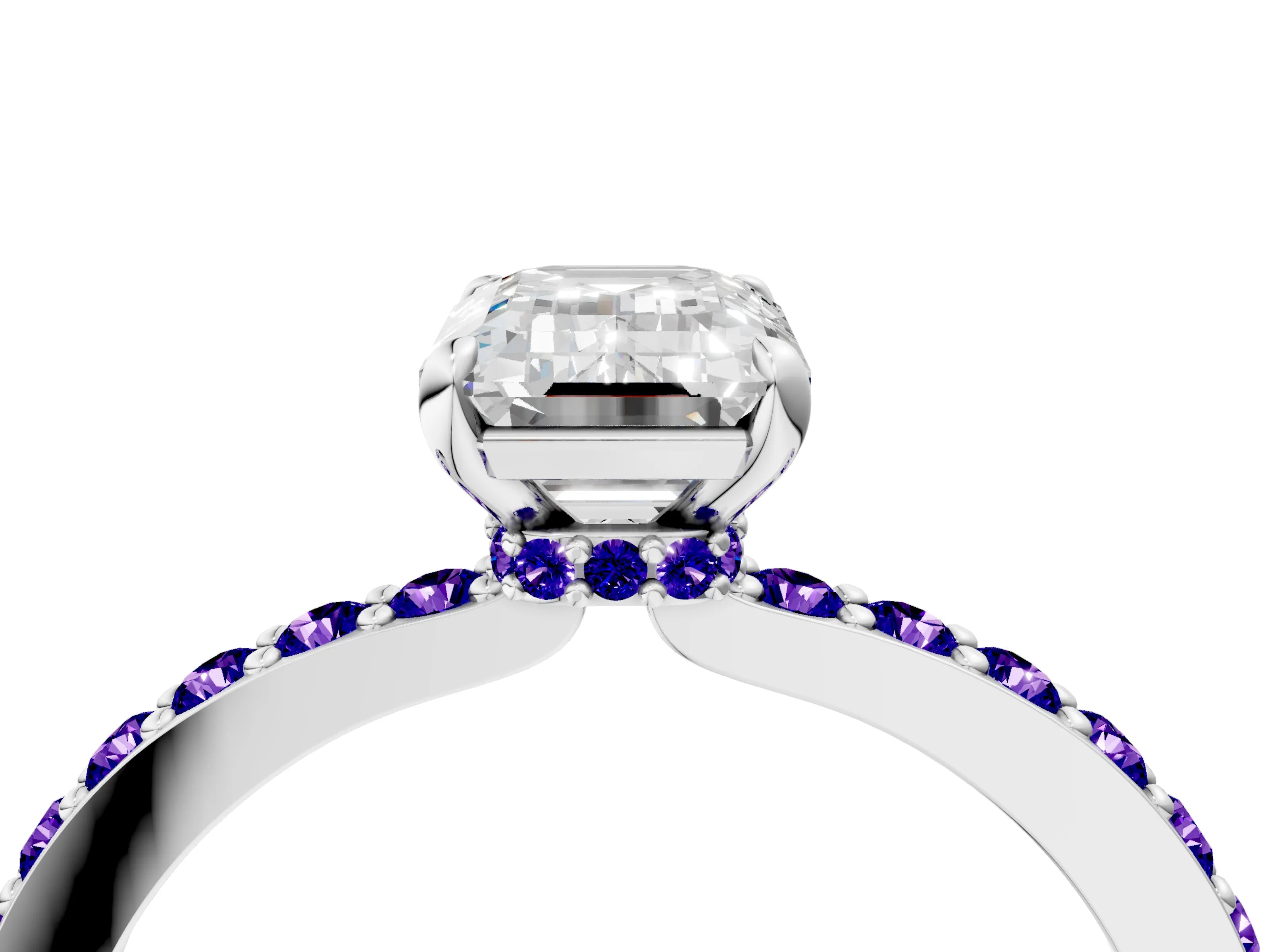 White gold Emerald Cut Diamond Pavé Engagement Ring with Round with Tanzanite side stone Accents and Prong Setting_22