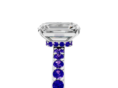 White gold Emerald Cut Diamond Pavé Engagement Ring with Round with Tanzanite side stone Accents and Prong Setting_23