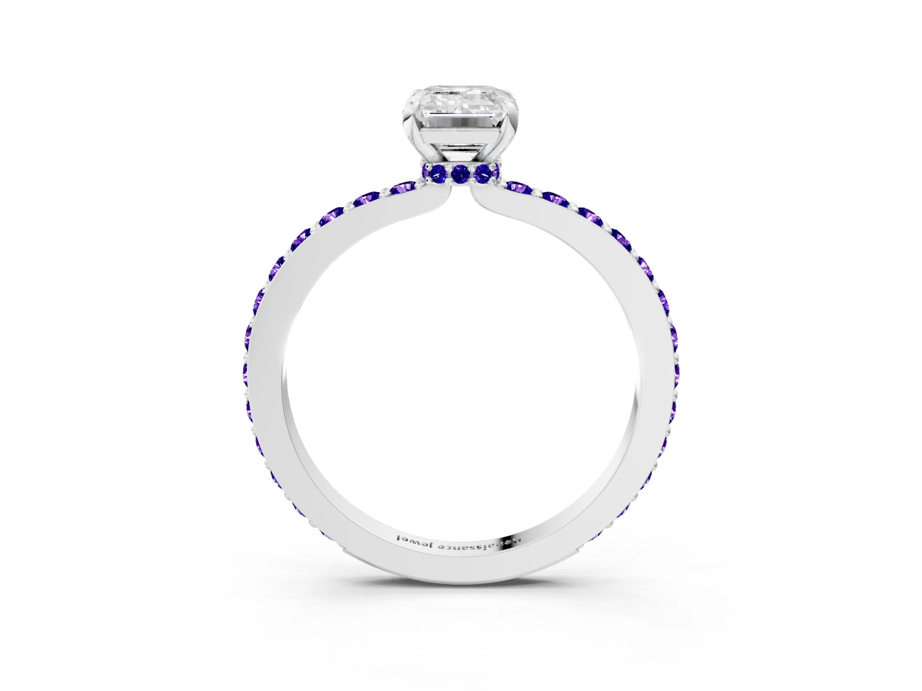 White gold Emerald Cut Diamond Pavé Engagement Ring with Round with Tanzanite side stone Accents and Prong Setting_3