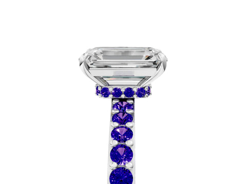 White gold Emerald Cut Diamond Pavé Engagement Ring with Round with Tanzanite side stone Accents and Prong Setting_5