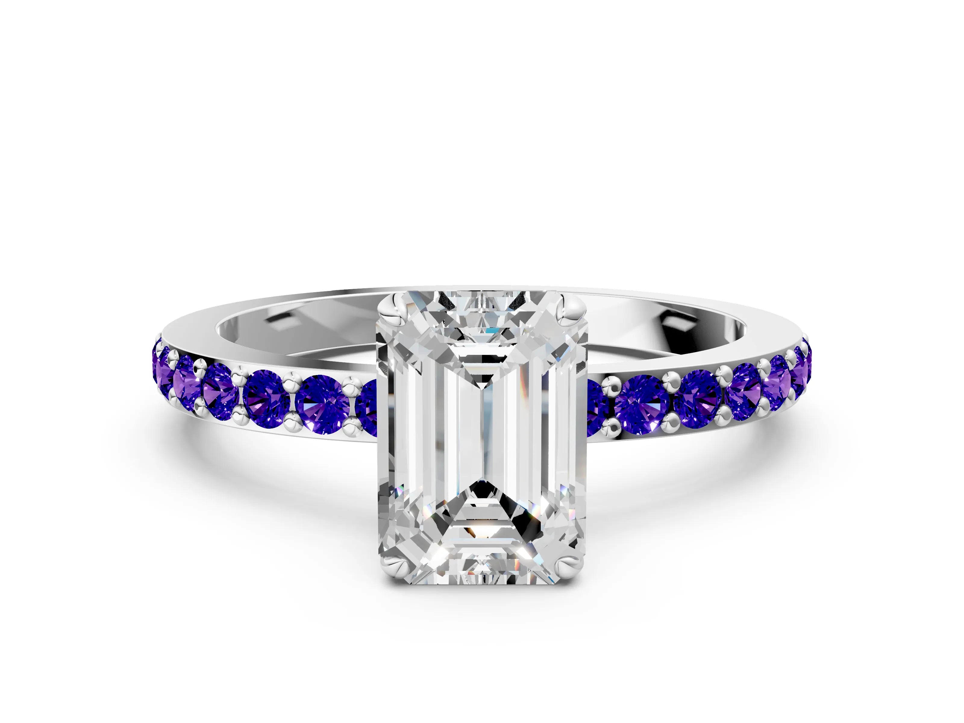 White gold Emerald Cut Diamond Pavé Engagement Ring with Round with Tanzanite side stone Accents and Prong Setting_6