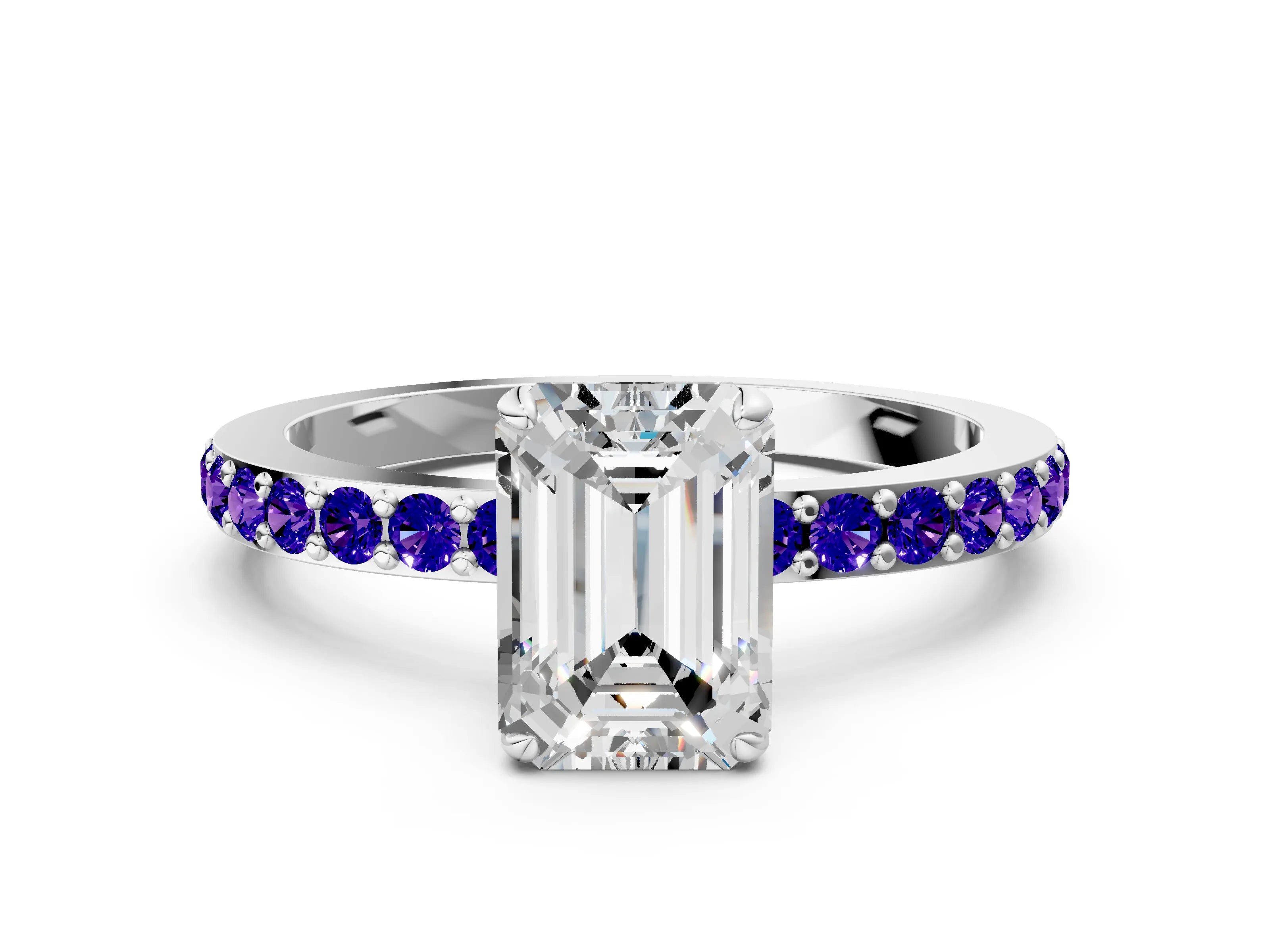 White gold Emerald Cut Diamond Pavé Engagement Ring with Round with Tanzanite side stone Accents and Prong Setting