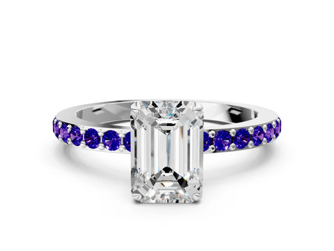 White gold Emerald Cut Diamond Pavé Engagement Ring with Round with Tanzanite side stone Accents and Prong Setting
