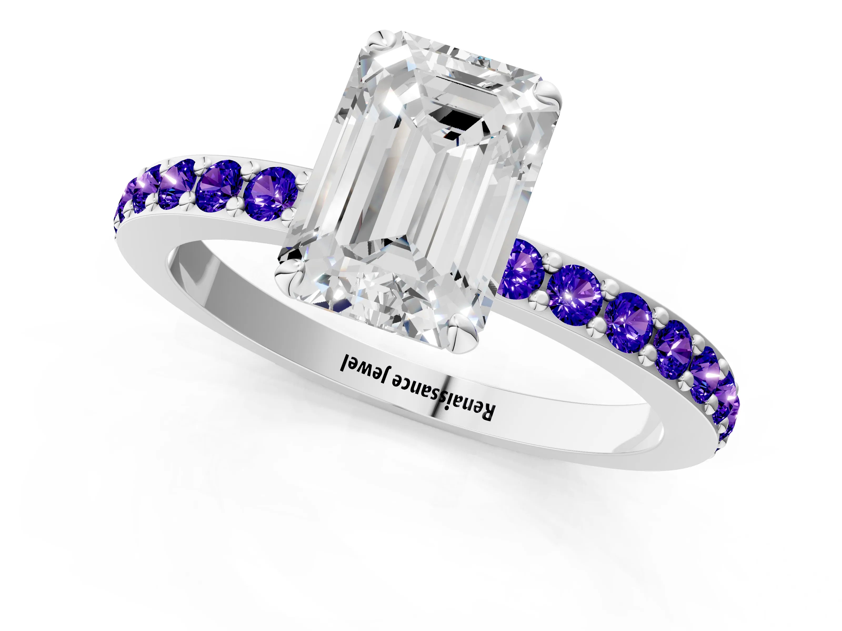 White gold Emerald Cut Diamond Pavé Engagement Ring with Round with Tanzanite side stone Accents and Prong Setting_7