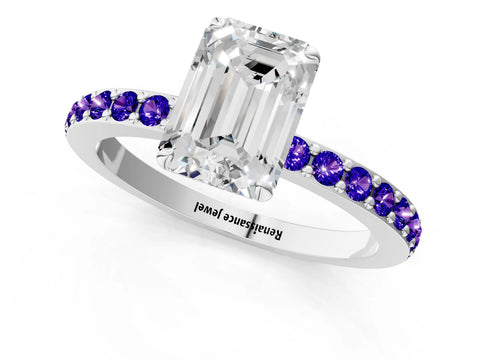 White gold Emerald Cut Diamond Pavé Engagement Ring with Round with Tanzanite side stone Accents and Prong Setting_7