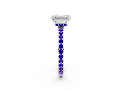 White gold Emerald Cut Diamond Pavé Engagement Ring with Round with Tanzanite side stone Accents and Prong Setting_8