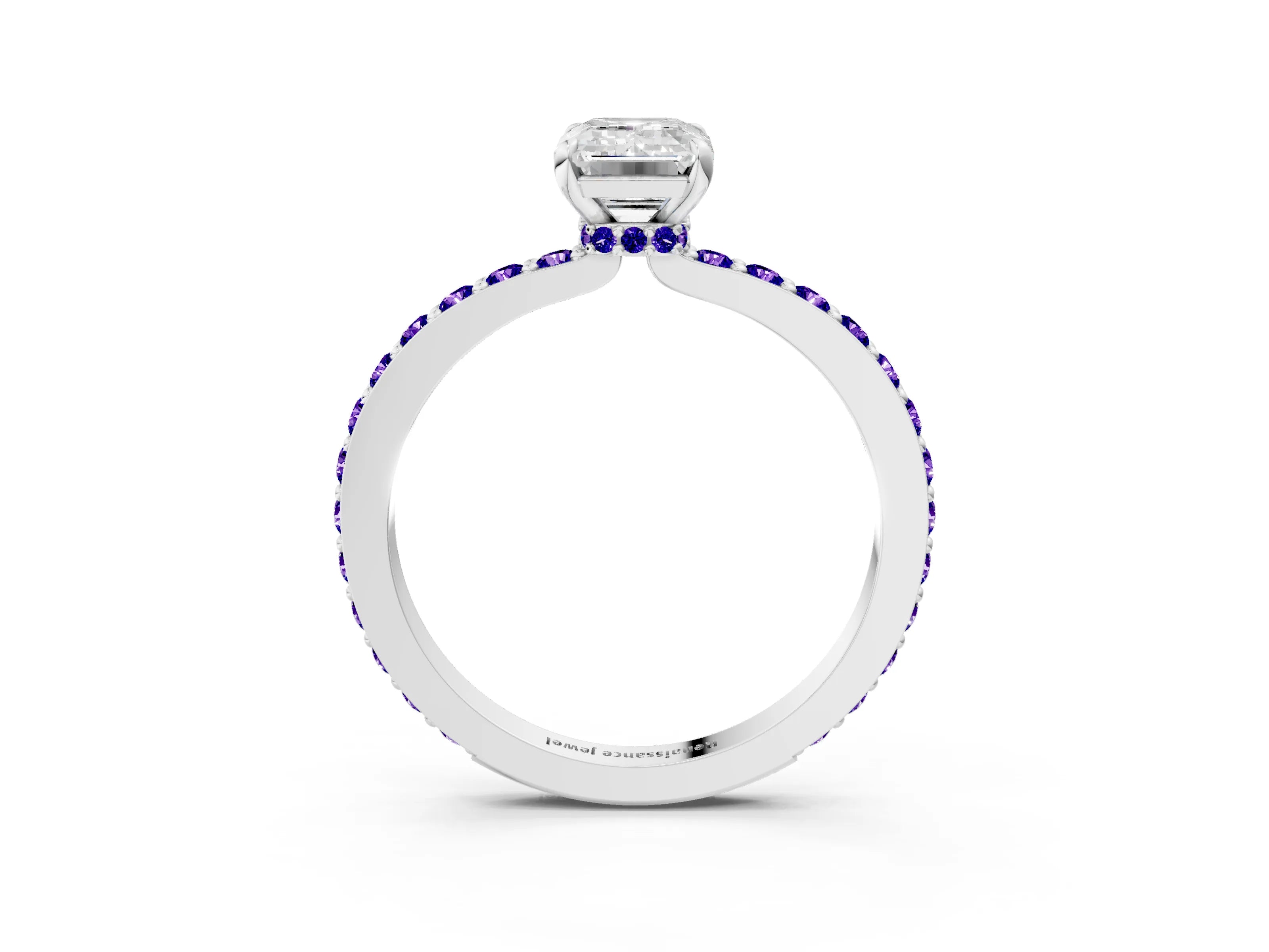 White gold Emerald Cut Diamond Pavé Engagement Ring with Round with Tanzanite side stone Accents and Prong Setting_9