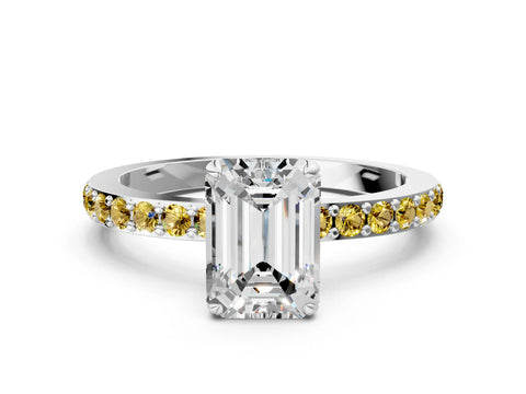White gold Emerald Cut Diamond Pavé Engagement Ring with Round with Yellow Sapphire side stone Accents and Prong Setting_12