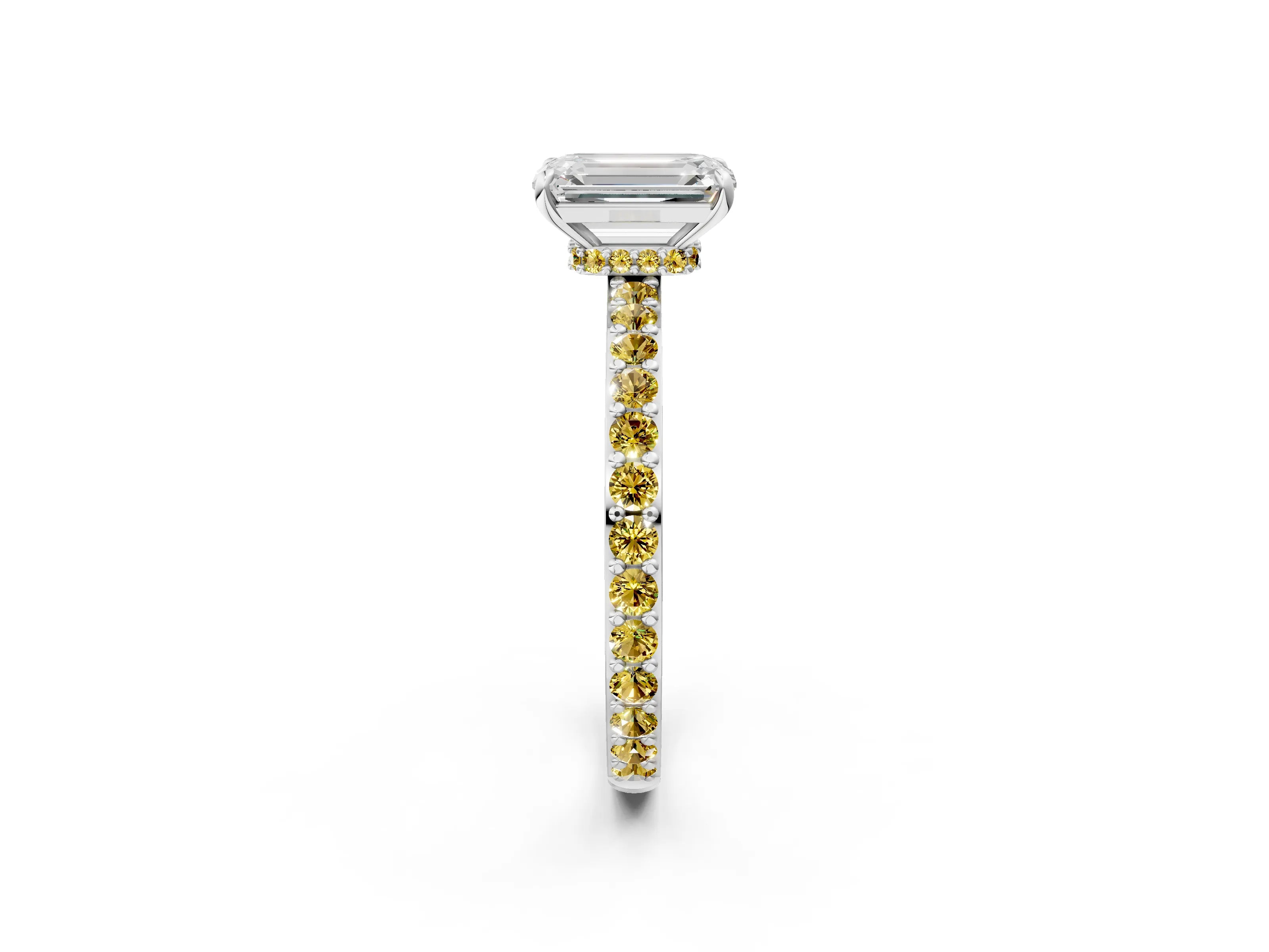 White gold Emerald Cut Diamond Pavé Engagement Ring with Round with Yellow Sapphire side stone Accents and Prong Setting_14