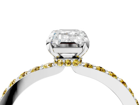 White gold Emerald Cut Diamond Pavé Engagement Ring with Round with Yellow Sapphire side stone Accents and Prong Setting_16