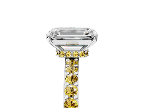 White gold Emerald Cut Diamond Pavé Engagement Ring with Round with Yellow Sapphire side stone Accents and Prong Setting_17