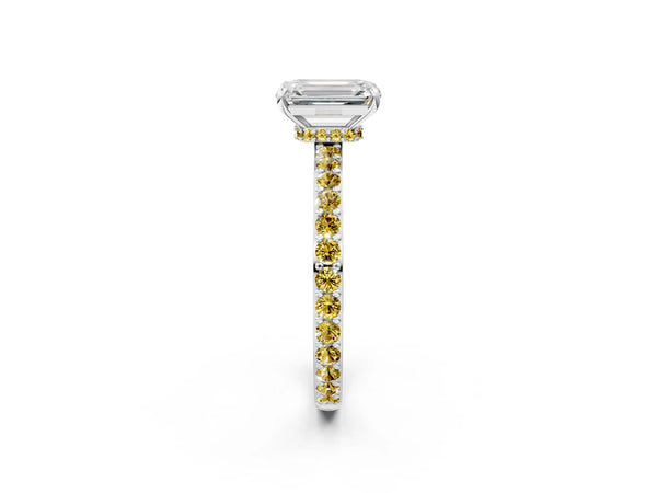 Platinum Emerald Cut Diamond Pavé Engagement Ring with Round with Yellow Sapphire side stone Accents and Prong Setting
