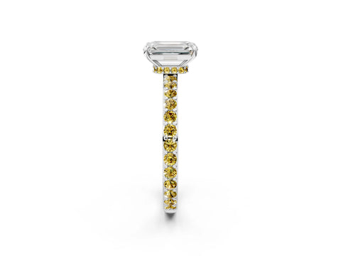 White gold Emerald Cut Diamond Pavé Engagement Ring with Round with Yellow Sapphire side stone Accents and Prong Setting_2