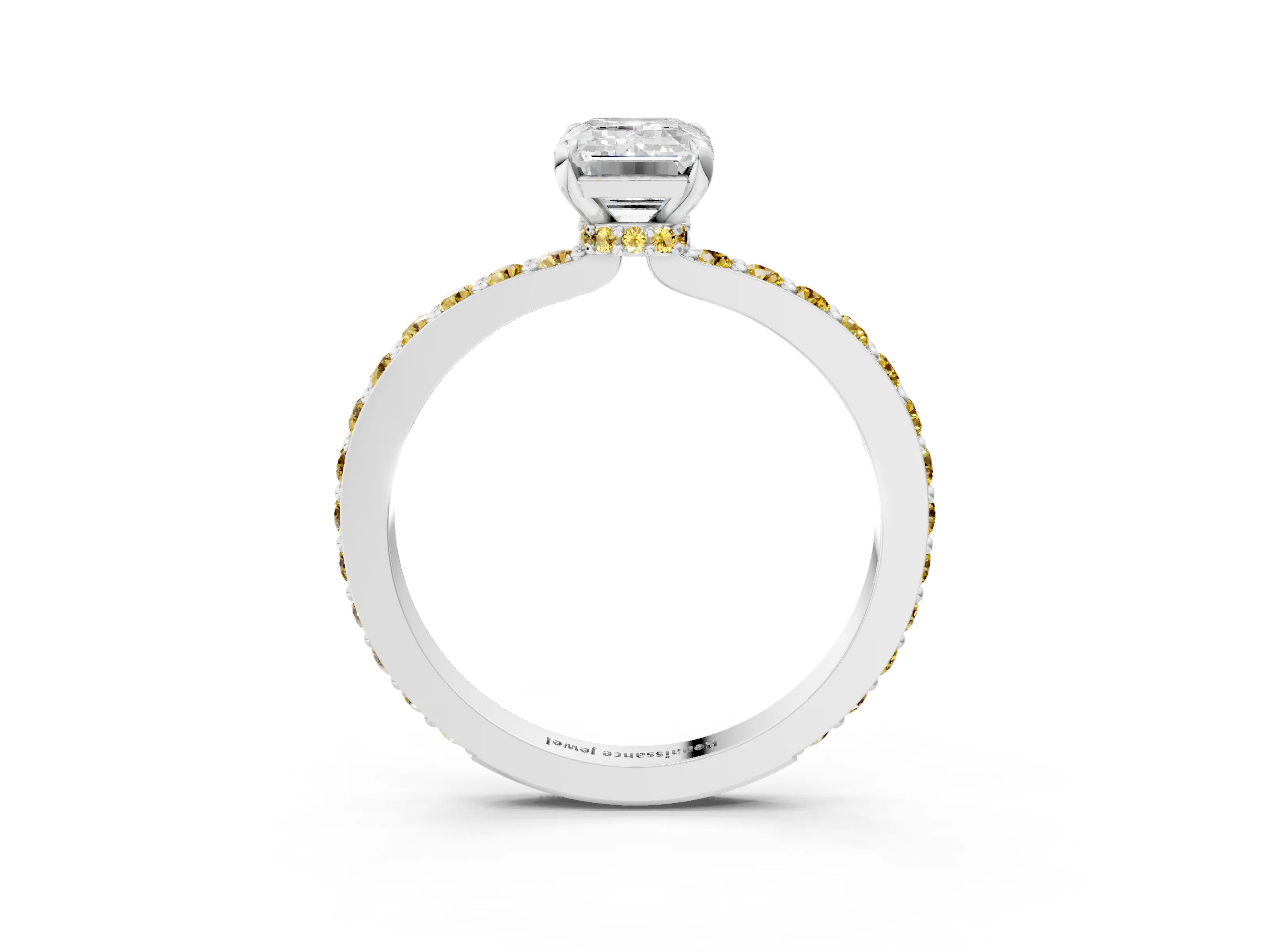 White gold Emerald Cut Diamond Pavé Engagement Ring with Round with Yellow Sapphire side stone Accents and Prong Setting_3