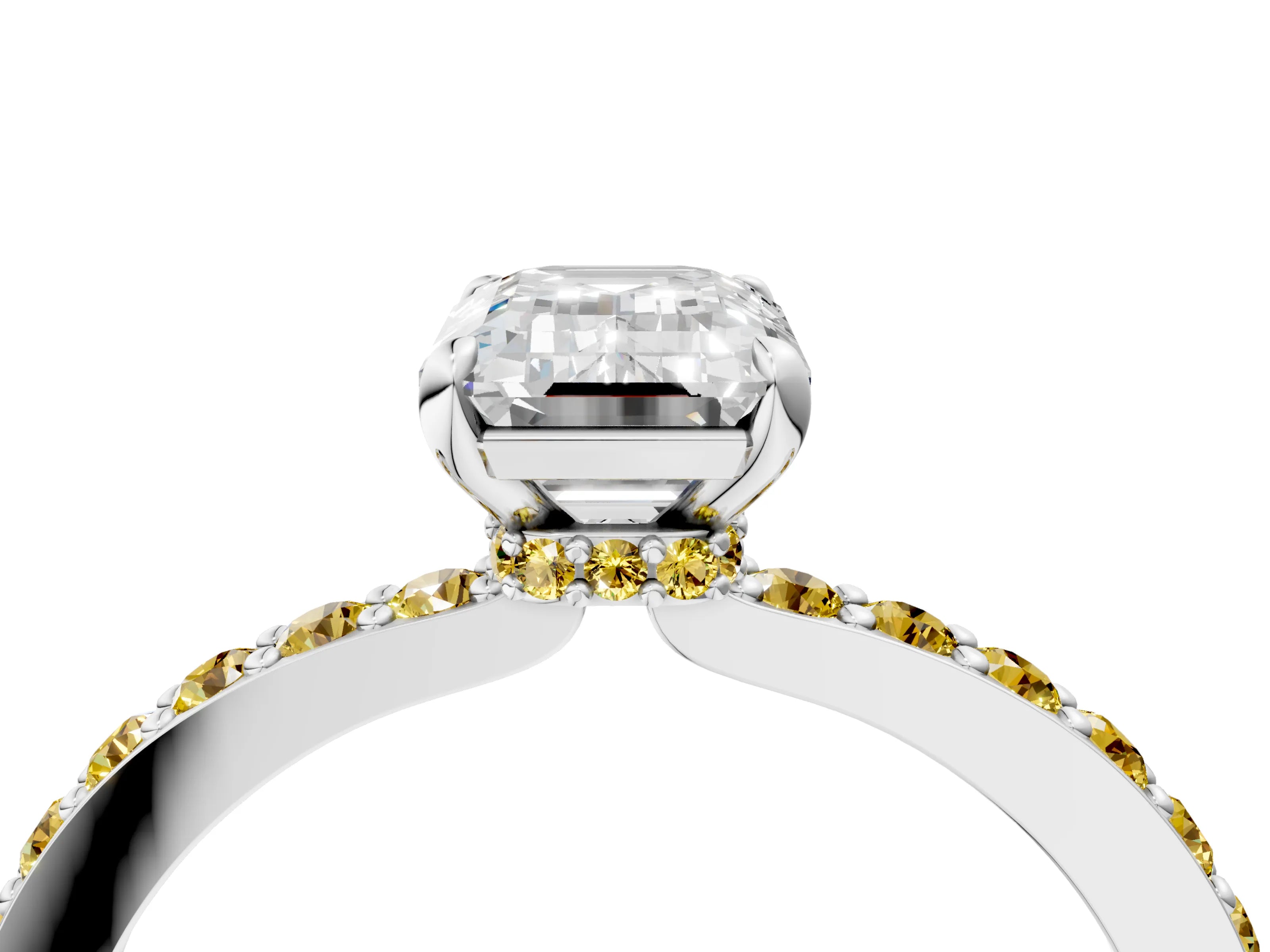 White gold Emerald Cut Diamond Pavé Engagement Ring with Round with Yellow Sapphire side stone Accents and Prong Setting_4