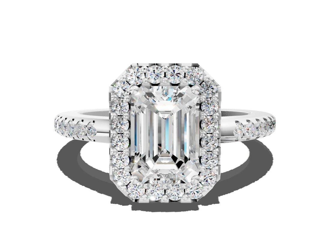 White gold Emerald Cut Diamond Pavé Halo Ring with Four-Prong Setting_44