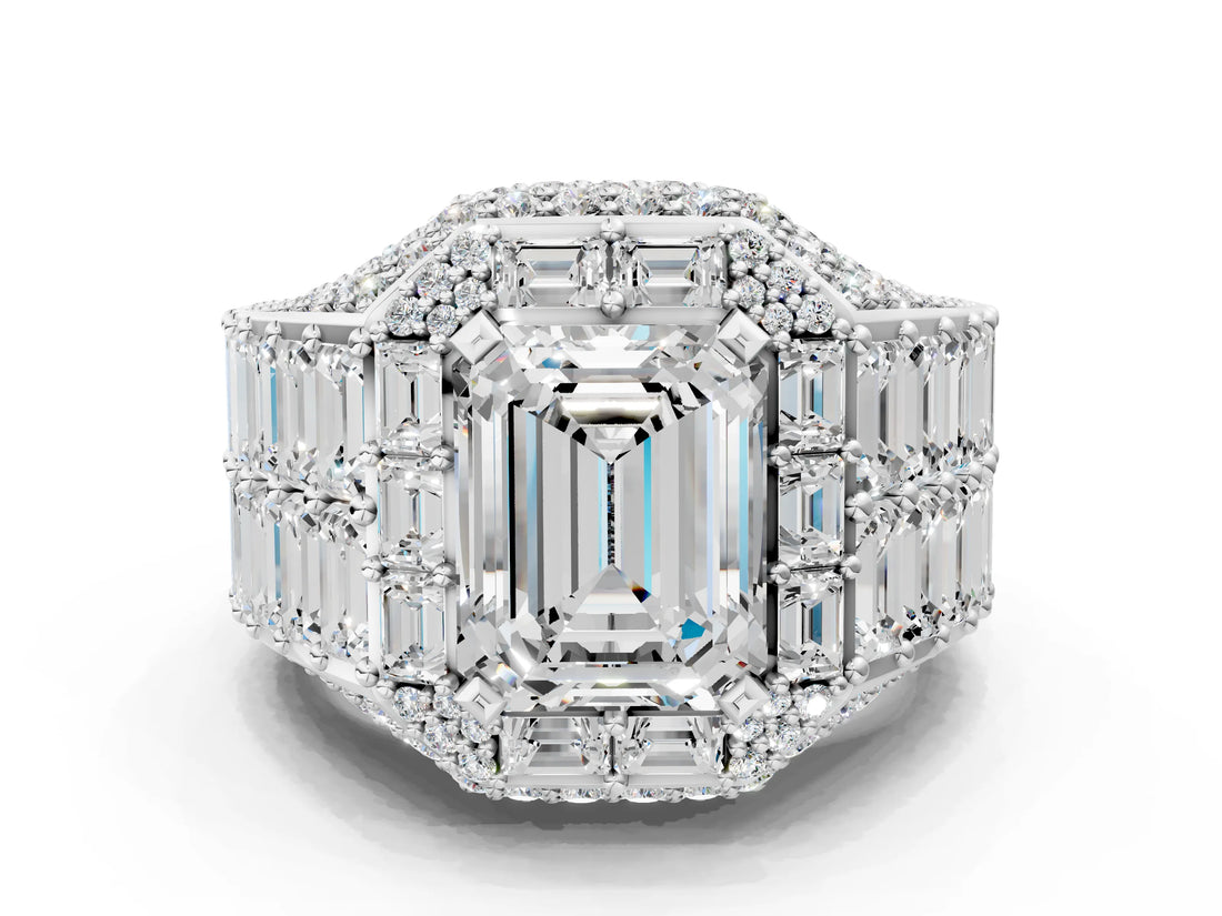 White gold Emerald Cut Diamond Pavé Statement Mens Ring with Baguette Accents_12