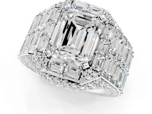 Platinum Emerald Cut Diamond Pavé Statement Mens Ring with Baguette Accents