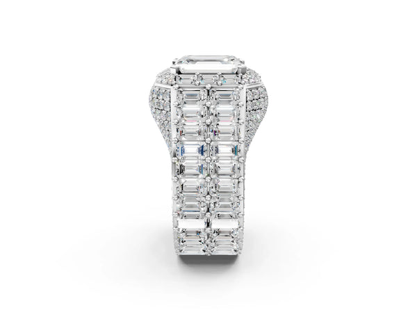 White gold Emerald Cut Diamond Pavé Statement Mens Ring with Baguette Accents