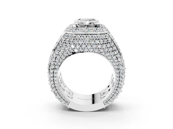 Platinum Emerald Cut Diamond Pavé Statement Mens Ring with Baguette Accents
