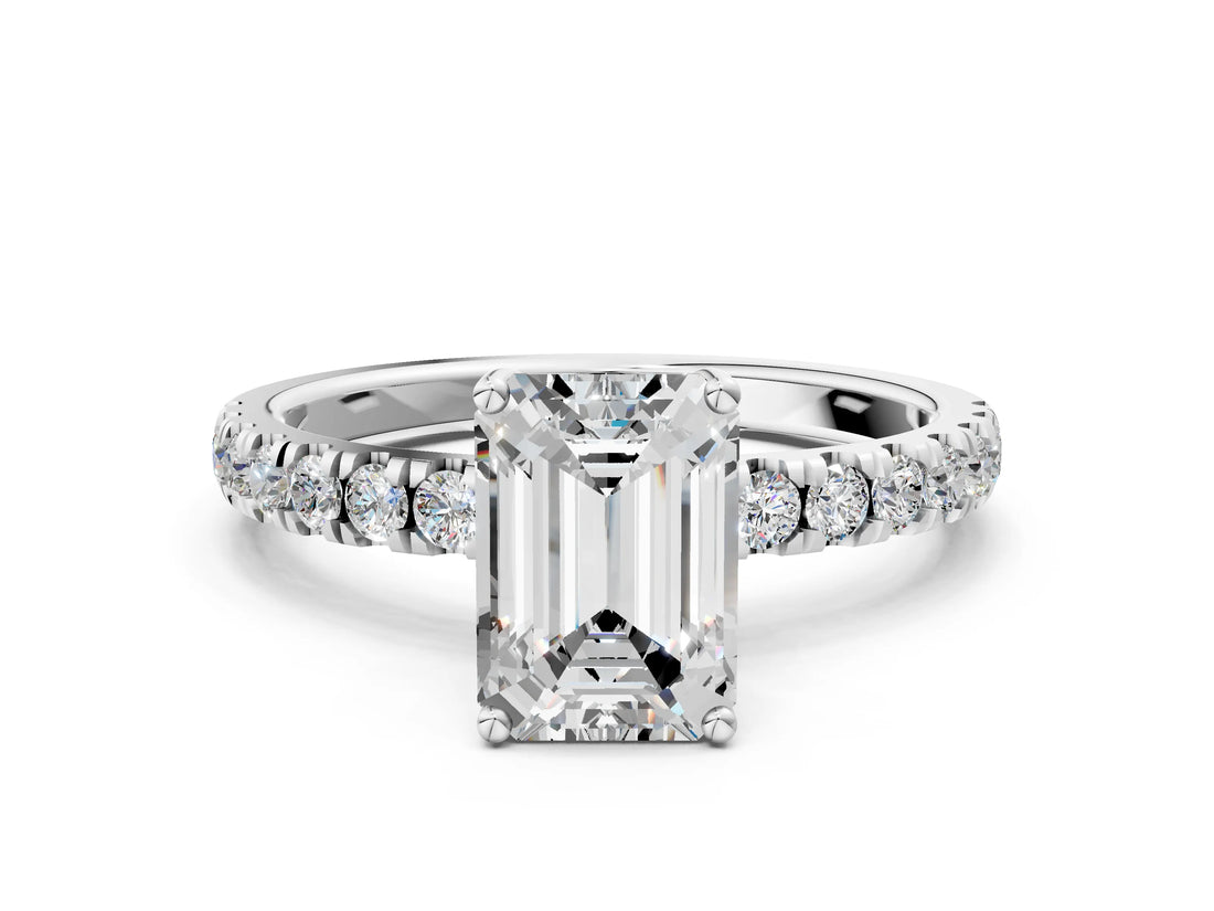 White gold Emerald Cut Diamond Pave Band Solitaire Ring with Four-Prong Setting_172