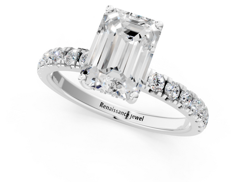 White gold Emerald Cut Diamond Pave Band Solitaire Ring with Four-Prong Setting_83
