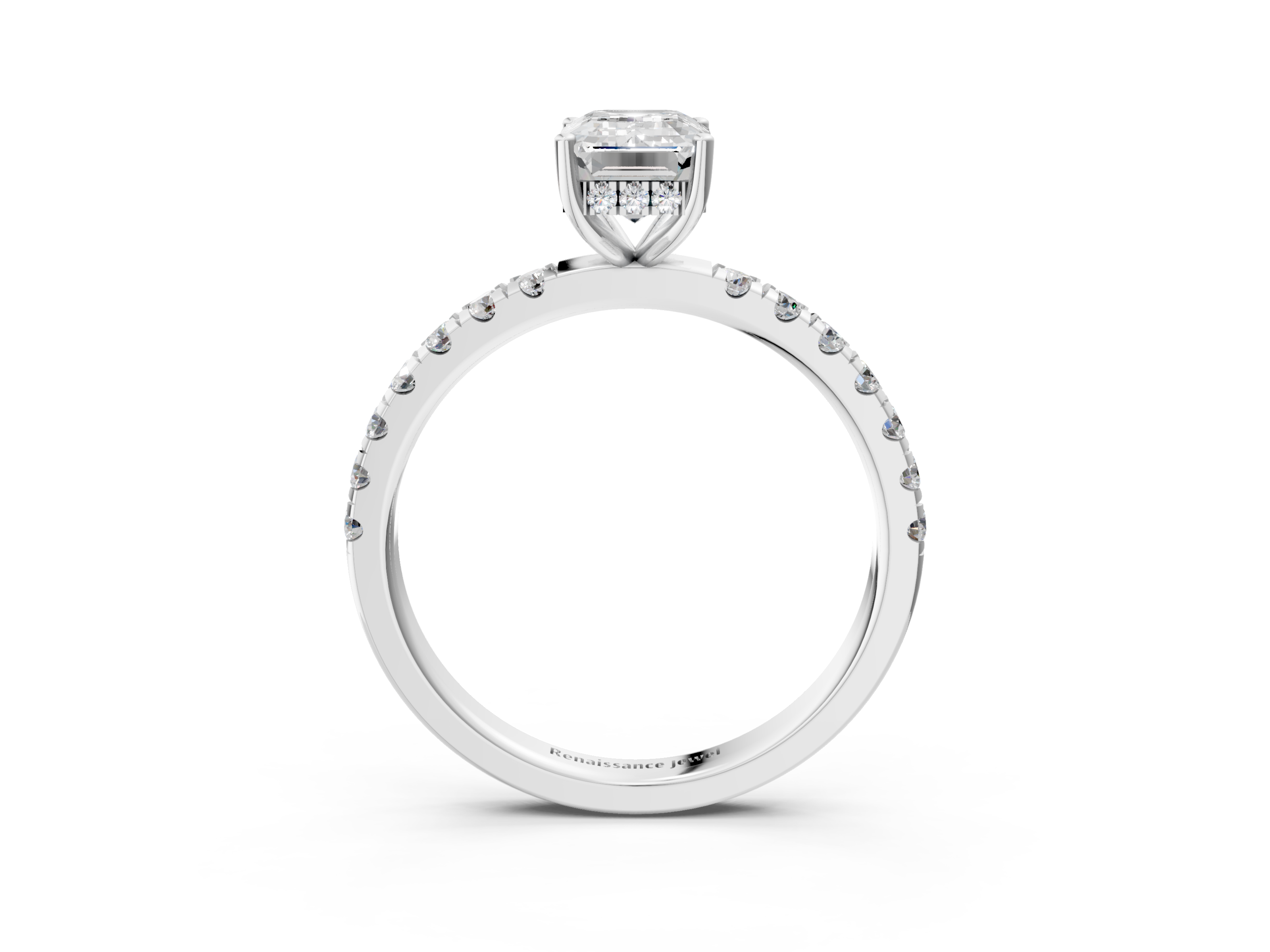 White gold Emerald Cut Diamond Pave Band Solitaire Ring with Four-Prong Setting_85