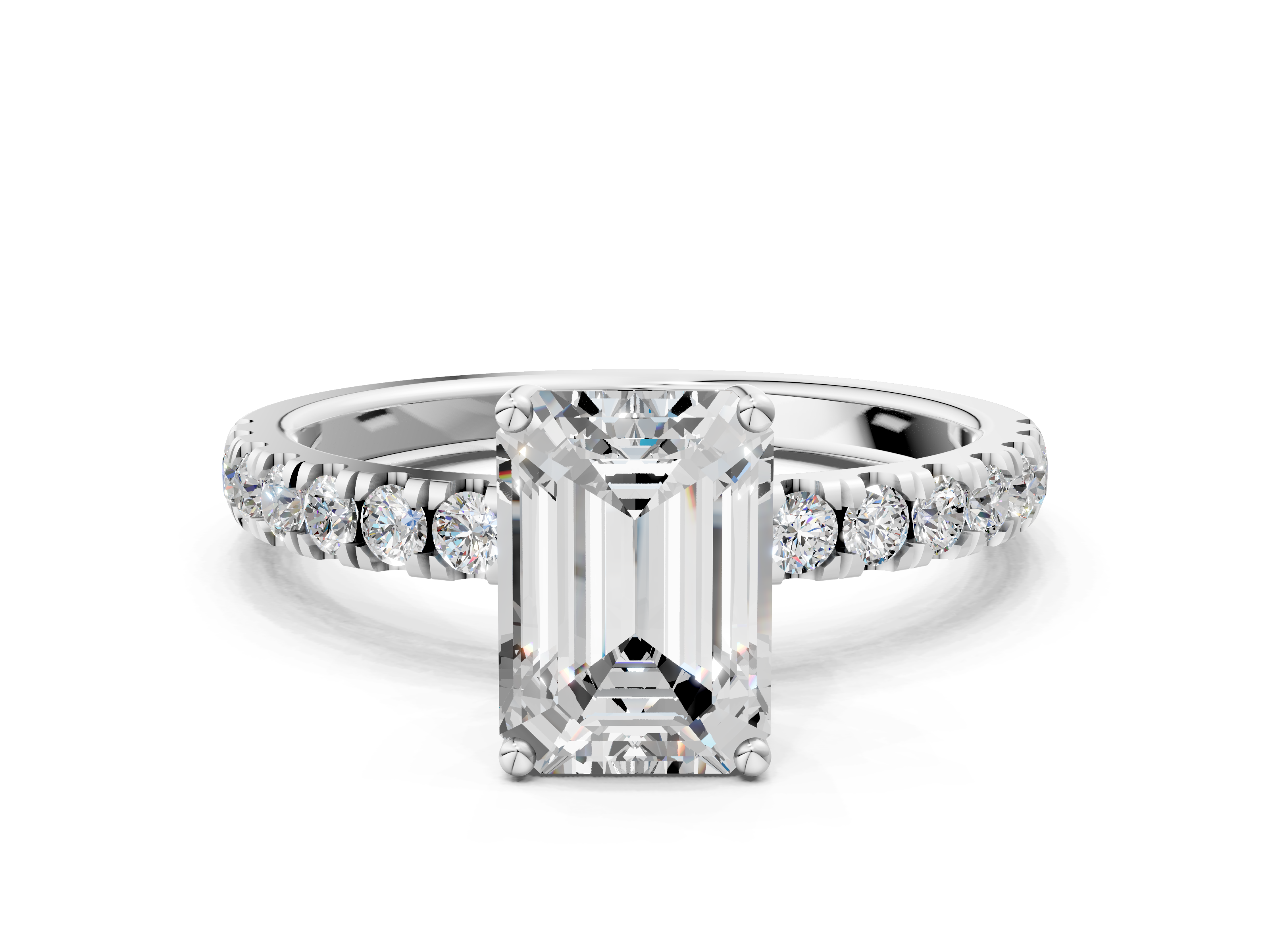 White gold Emerald Cut Diamond Pave Band Solitaire Ring with Four-Prong Setting_86
