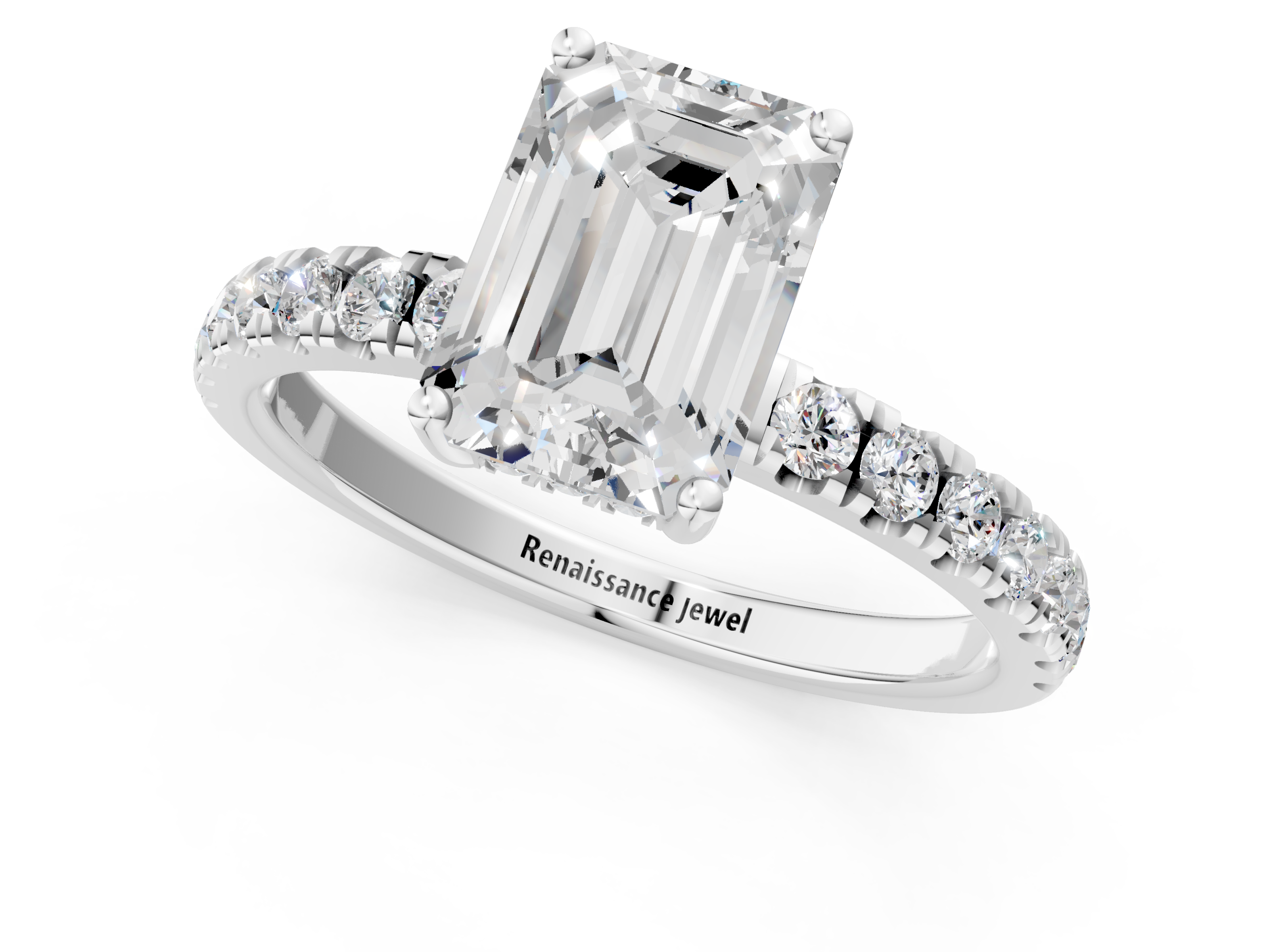 White gold Emerald Cut Diamond Pave Band Solitaire Ring with Four-Prong Setting_87