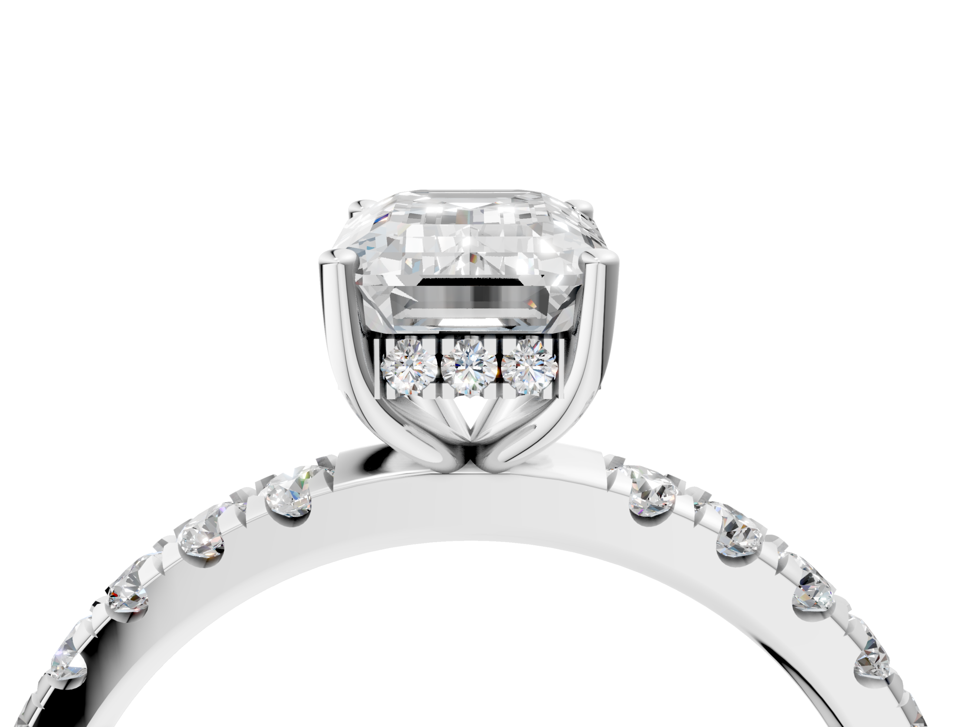 White gold Emerald Cut Diamond Pave Band Solitaire Ring with Four-Prong Setting_90