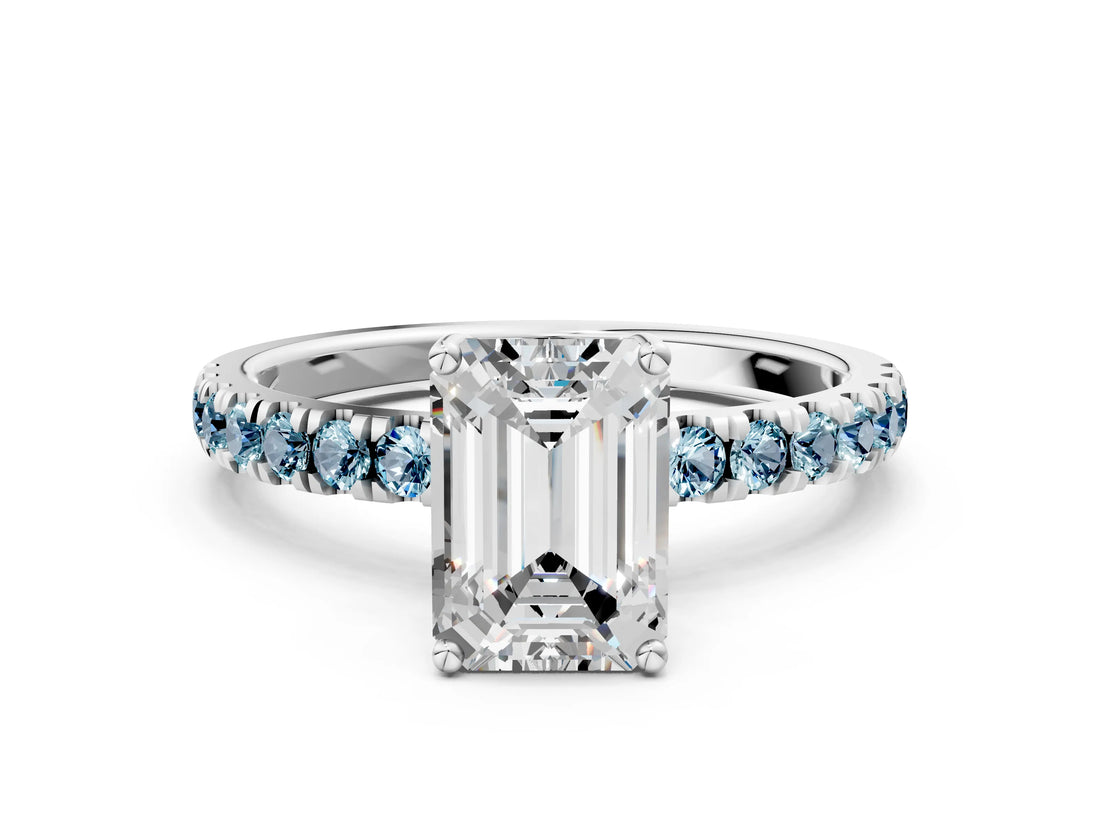 White gold Emerald Cut Diamond Pave Band Solitaire Ring with Round with Aquamarine side stone and Prong Setting_12