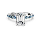 White gold Emerald Cut Diamond Pave Band Solitaire Ring with Round with Aquamarine side stone and Prong Setting_24