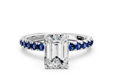 White gold Emerald Cut Diamond Pave Band Solitaire Ring with Round with Blue Sapphire side stone and Prong Setting_24