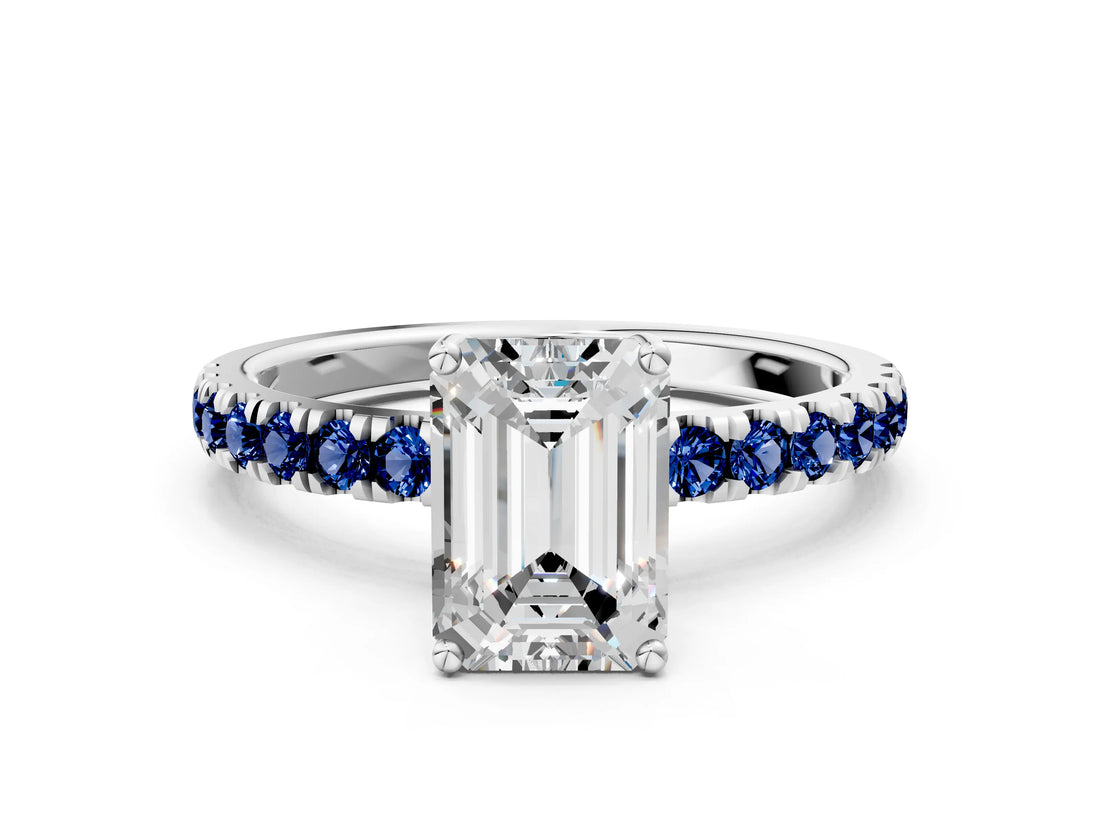 White gold Emerald Cut Diamond Pave Band Solitaire Ring with Round with Blue Sapphire side stone and Prong Setting_24