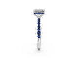 White gold Emerald Cut Diamond Pave Band Solitaire Ring with Round with Blue Sapphire side stone and Prong Setting_26
