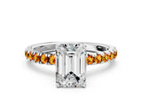 White gold Emerald Cut Diamond Pave Band Solitaire Ring with Round with Citrine side stone and Prong Setting_36