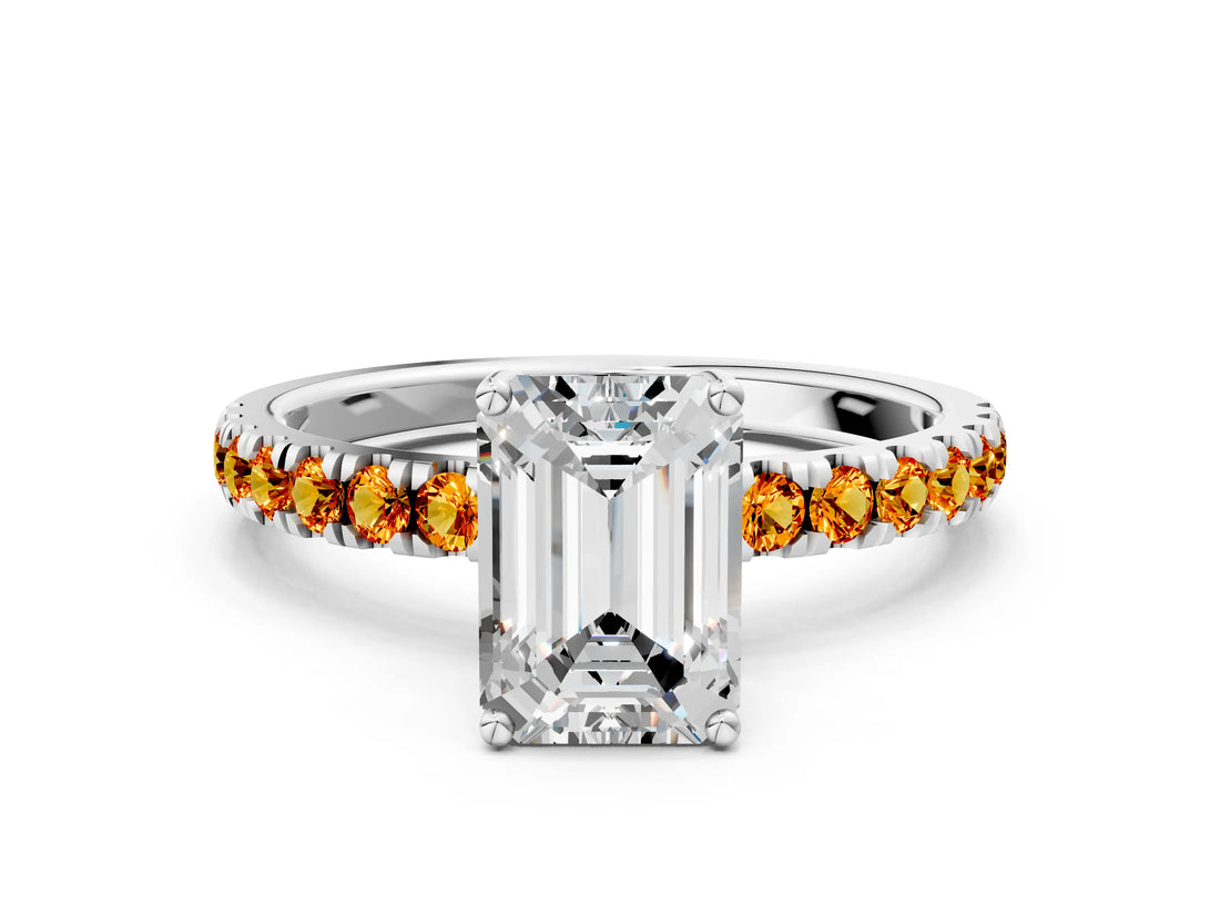 White gold Emerald Cut Diamond Pave Band Solitaire Ring with Round with Citrine side stone and Prong Setting_48