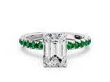 White gold Emerald Cut Diamond Pave Band Solitaire Ring with Round with Emerald side stone and Prong Setting