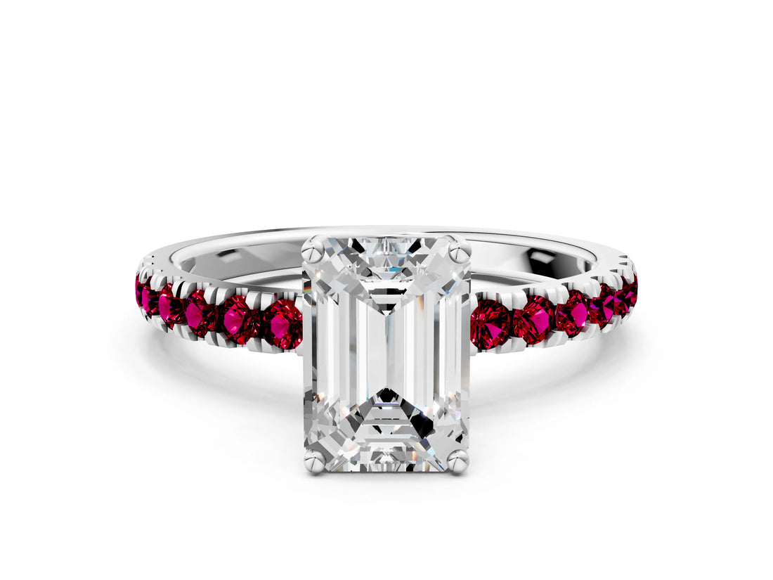 White gold Emerald Cut Diamond Pave Band Solitaire Ring with Round with Garnet side stone and Prong Setting_12