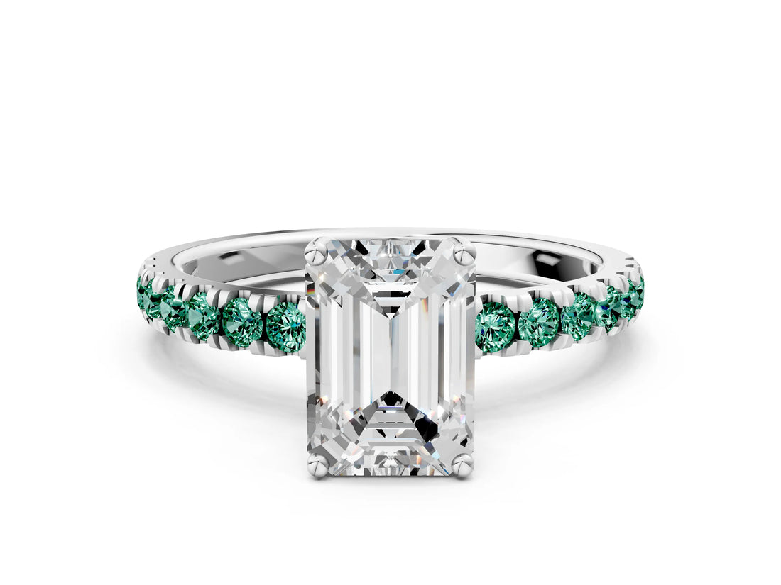 White gold Emerald Cut Diamond Pave Band Solitaire Ring with Round with Green Sapphire side stone and Prong Setting_84