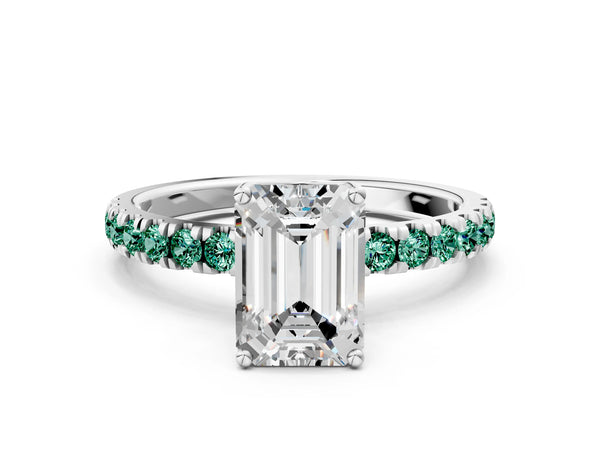 Silver Emerald Cut Diamond Pave Band Solitaire Ring with Round with Green Sapphire side stone and Prong Setting