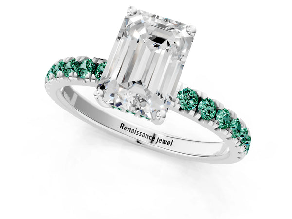 Silver Emerald Cut Diamond Pave Band Solitaire Ring with Round with Green Sapphire side stone and Prong Setting