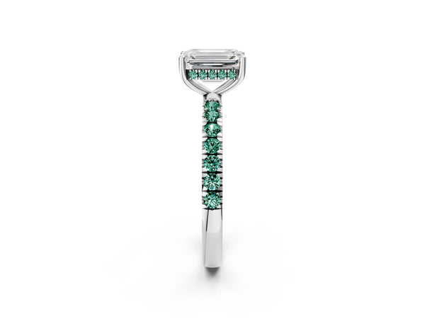 Silver Emerald Cut Diamond Pave Band Solitaire Ring with Round with Green Sapphire side stone and Prong Setting