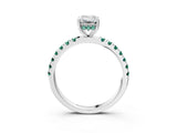 White gold Emerald Cut Diamond Pave Band Solitaire Ring with Round with Green Sapphire side stone and Prong Setting_87
