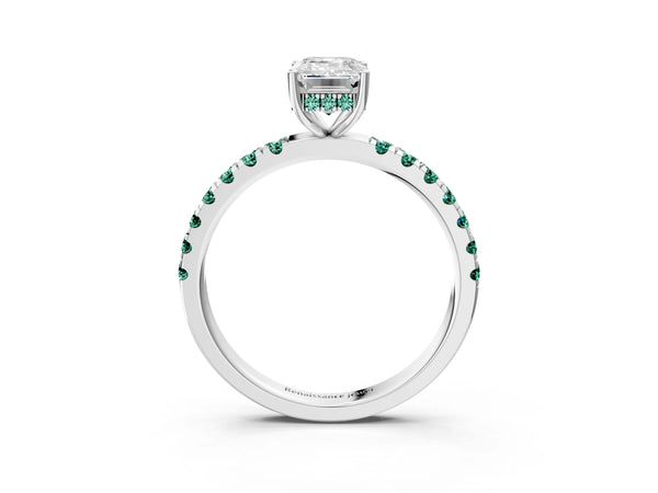 Silver Emerald Cut Diamond Pave Band Solitaire Ring with Round with Green Sapphire side stone and Prong Setting