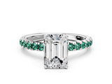 White gold Emerald Cut Diamond Pave Band Solitaire Ring with Round with Green Sapphire side stone and Prong Setting_96