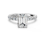 White gold Emerald Cut Diamond Pave Band Solitaire Ring with Round with Moissanite side stone and Prong Setting_24
