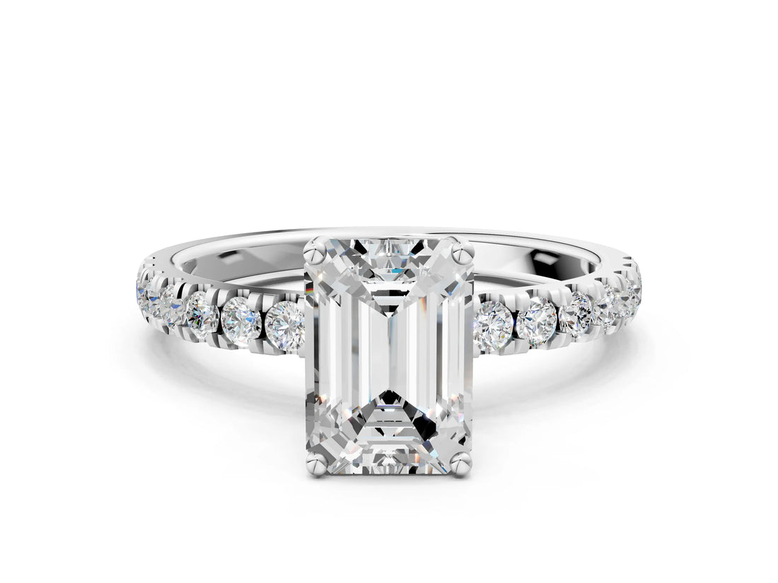White gold Emerald Cut Diamond Pave Band Solitaire Ring with Round with Moissanite side stone and Prong Setting_24